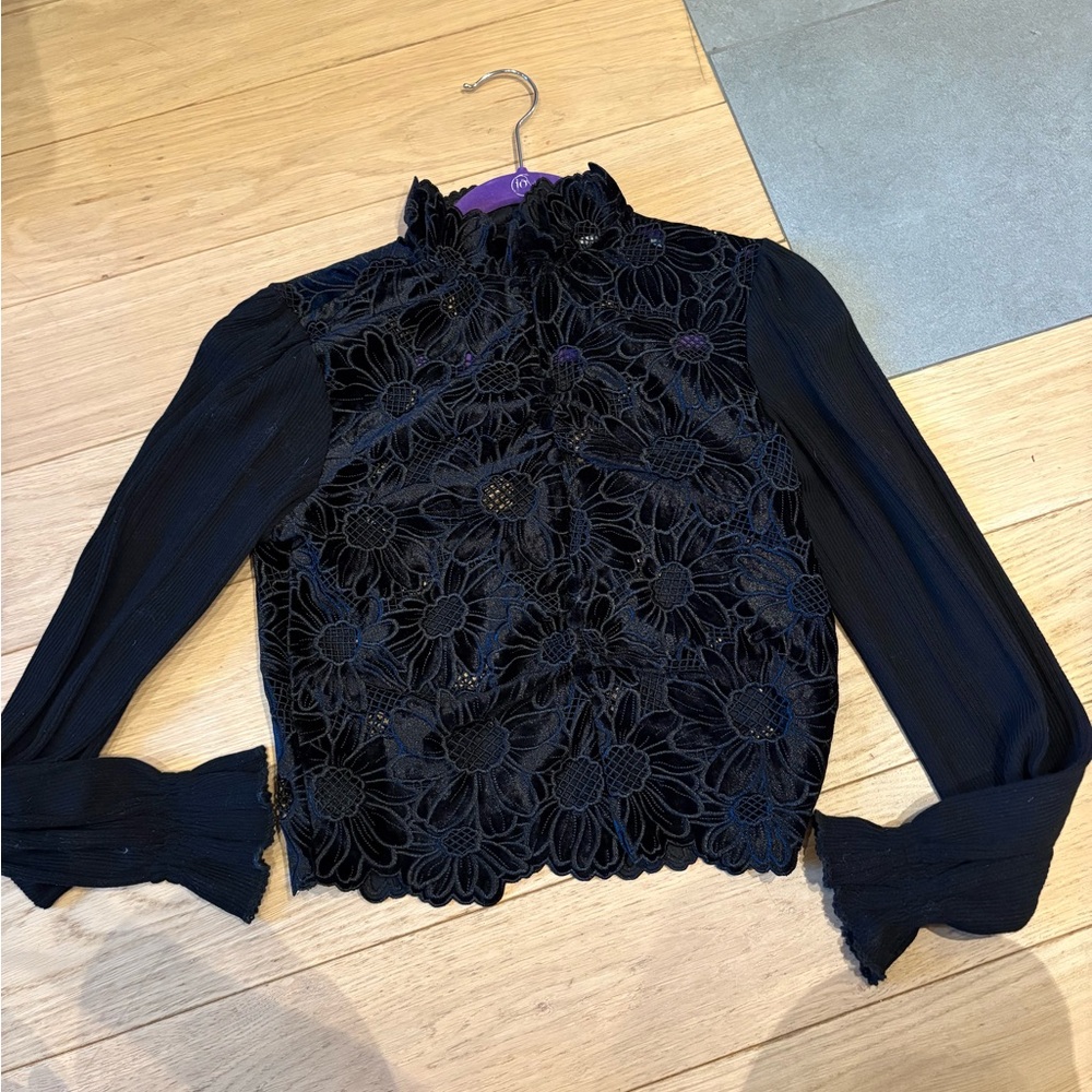 Sandro May Floral Guipure Velvet Lace Mock Neck Blouse